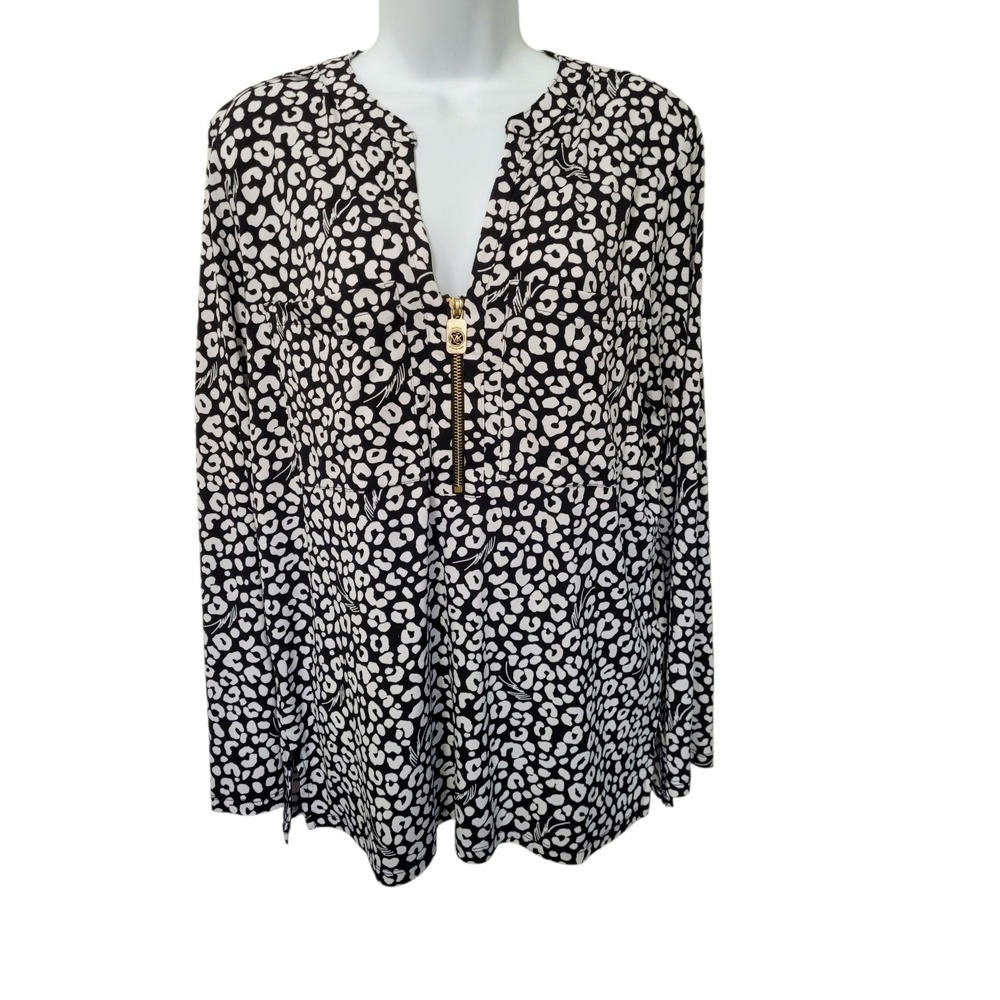 Michael Kors Print Tunic Top L Half Zip Pockets Stretch Long Sleeve Black Print